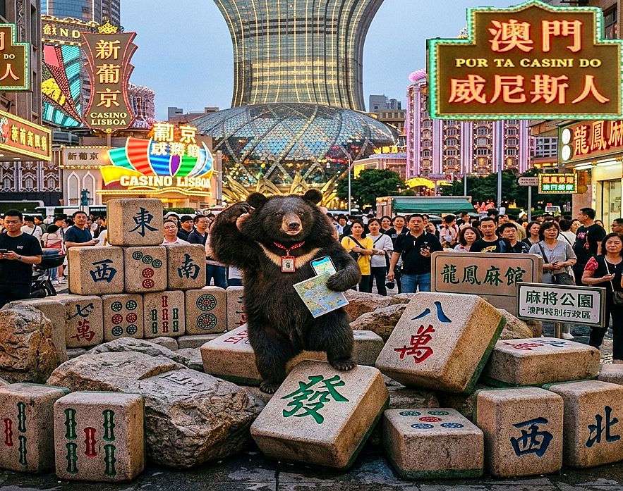 澳門議事亭麻將發財石陣,台灣黑熊在賭城新地標,台灣熊愛打麻將,台灣黑熊在澳門打麻將,熊掌摸牌,國寶熊界雀聖,國寶打牌,巨石強森麻將版,台灣黑熊誤闖澳門新葡京,澳門威尼斯人有黑熊出沒